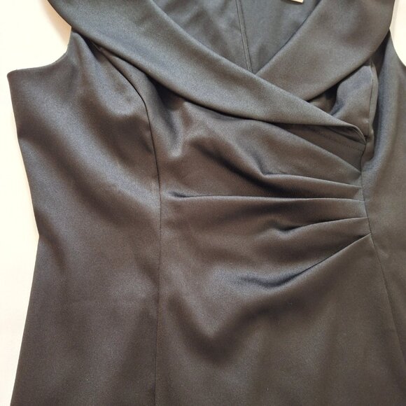 Black Stretch Satin Shawl Collar Evening Dress Size 14P Sleeveless Ruched - Picture 4 of 16